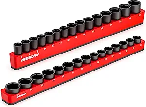 2-Piece 3/8"-Drive Metric Magnetic Socket Organizer Set (Holds 30 Sockets) - Detachable Tool Tray with 5mm Magnetic Base, Screw-Fixed Design & Heavy-Duty Modular Storage for Garage/Home Workshop
