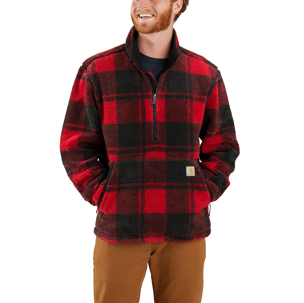 Carhartt Men's Crabapple/Black Plaid Loose Fit Fleece Pullover, Xl Tall