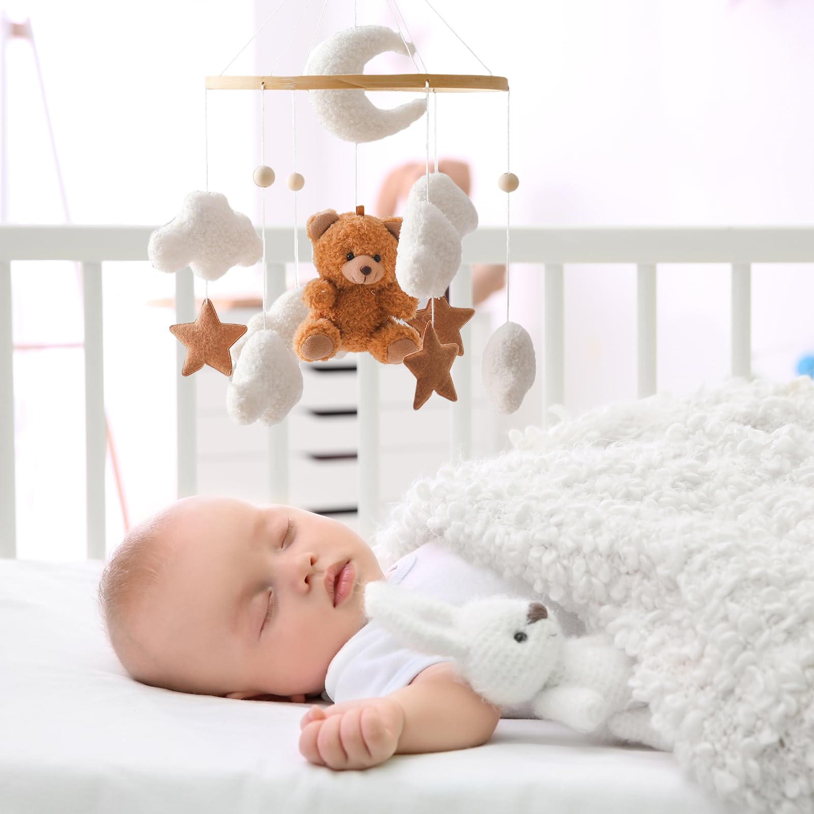 Mobile Baby Windspiele, Babybett Mobile 3D Bär Hase Kaninchen Wolken, Kinderzimmer Hängende Bettglocke, Neugeborenen Geschenk für Baby Jungen und Mädchen (Braun Bär)
