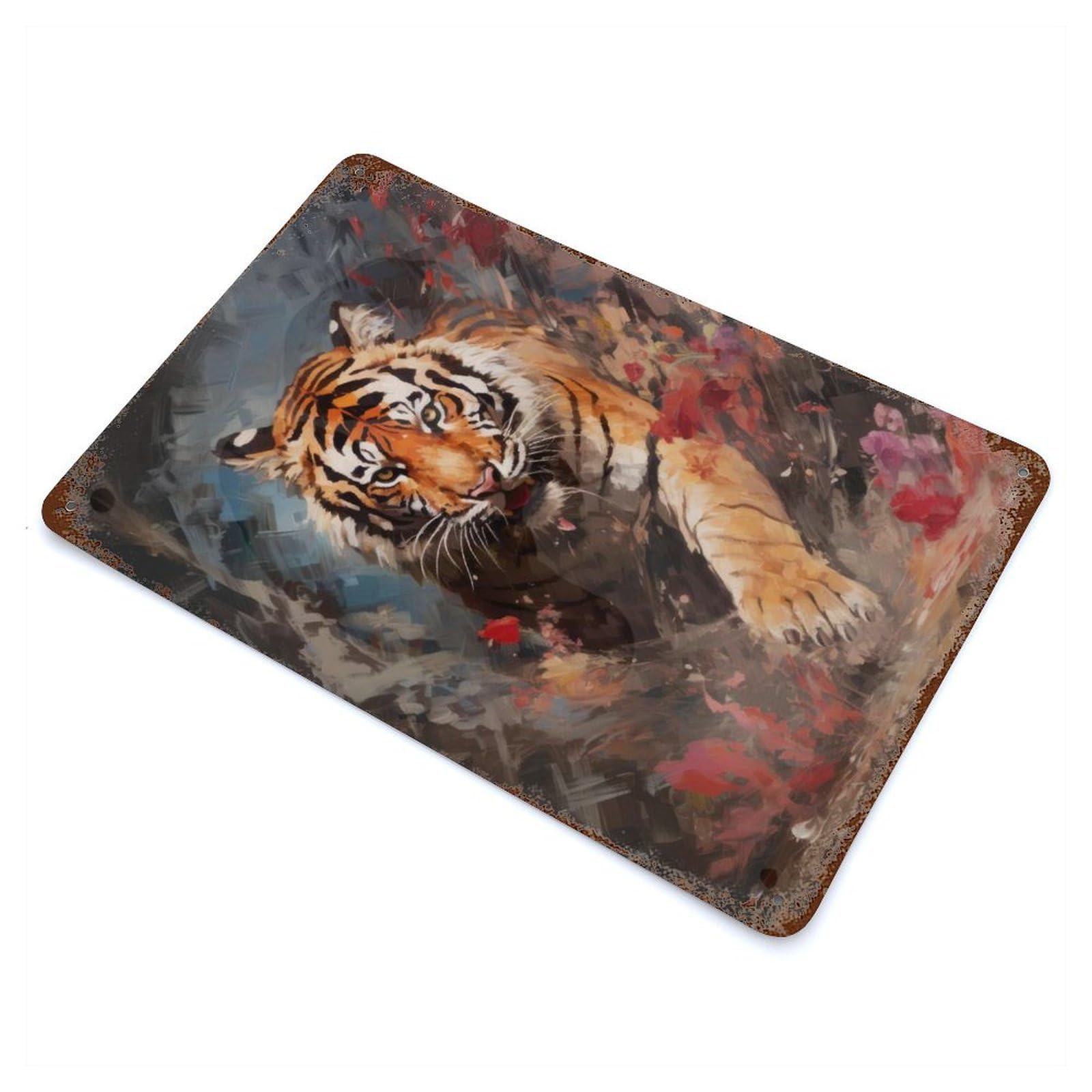 Retro Metal Sign with Tiger in Paint Bird View Design 11.8"x7.9", for Living Room, Hallway And Home Decor, Farmhouse Wall Decor
