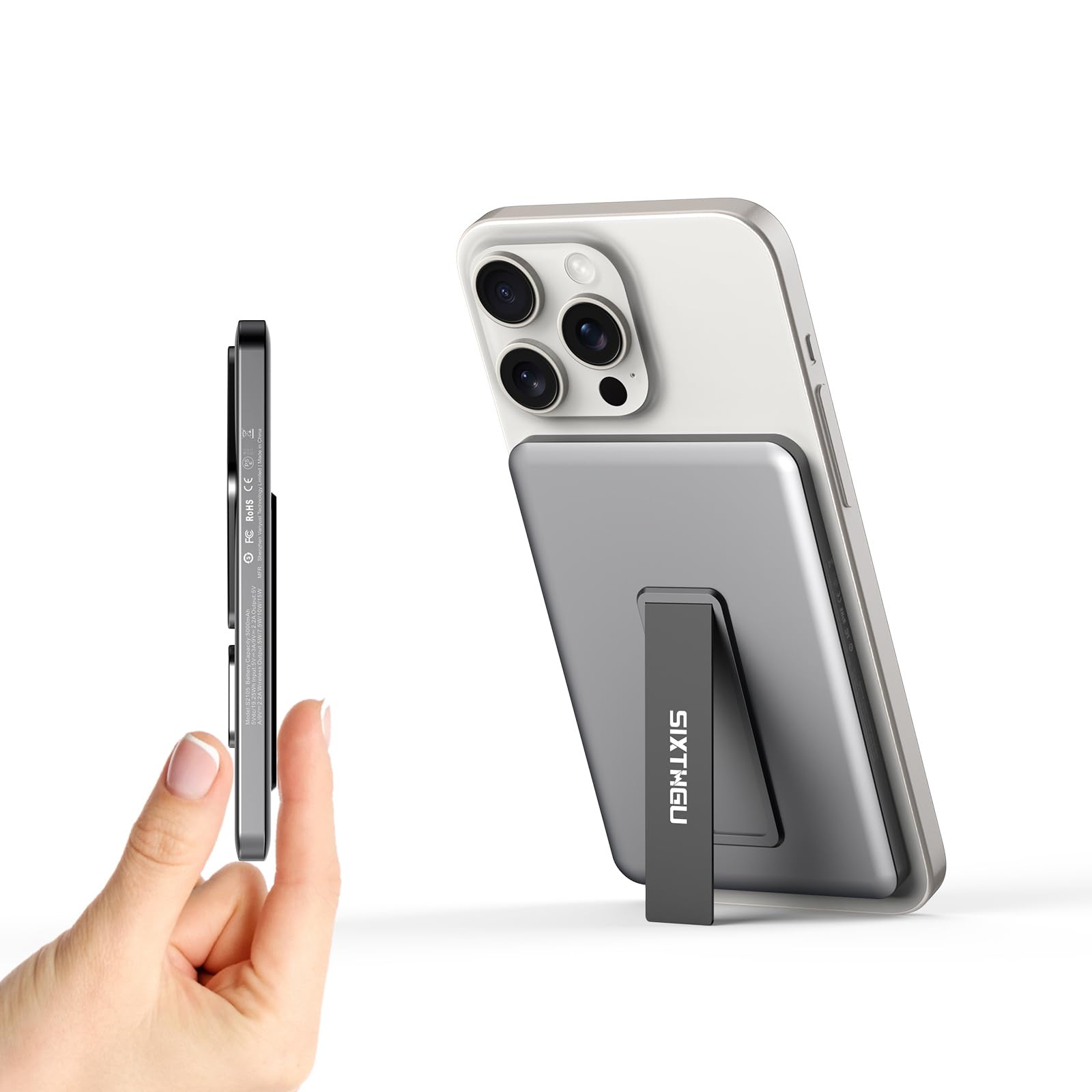 SIXTHGU Magnetic Slim Portable Charger with Stand, 5000mAh Wireless Power Bank[Alloy-Made], PD 20W Fast Charging Compatible with iPhone 16/15/15 Pro/15 Pro Max, iPhone 14/13/12 Series