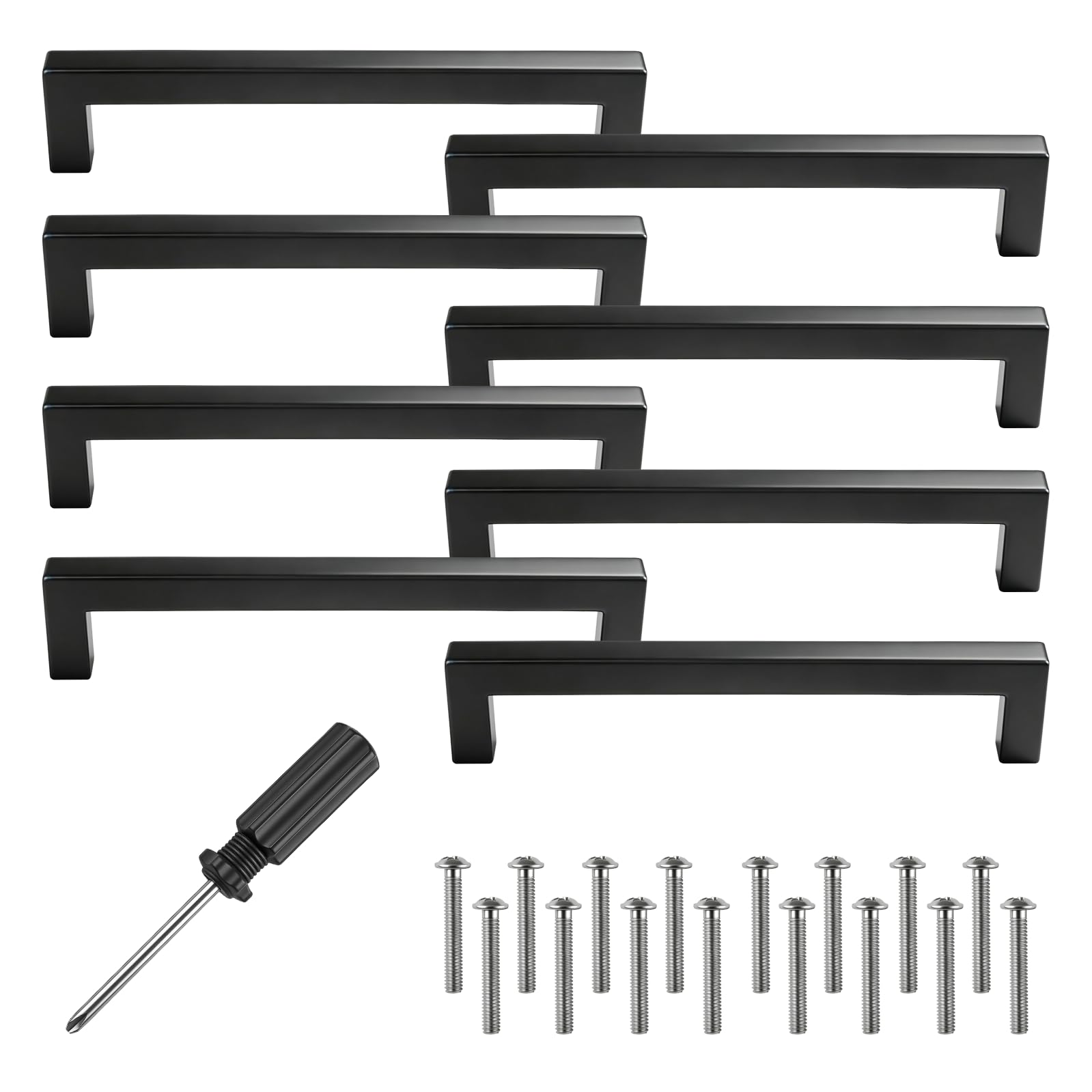 PENCHUAN 8 Pieces Furniture Handles, Stainless Steel Silver Hole Spacing, Square Cabinet Handles with Screws and Installation Tools for Drawer (Black, 160mm)