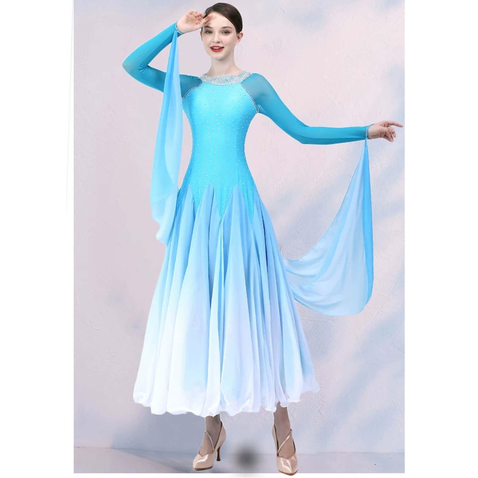 purpleq Professionelles Standard Tanzkleid für Turniere, Elegantes Walzer Kleid mit Strass, Langarm Performance Kleid, Hochwertiges Tanzsport Outfit mit Farbverlauf