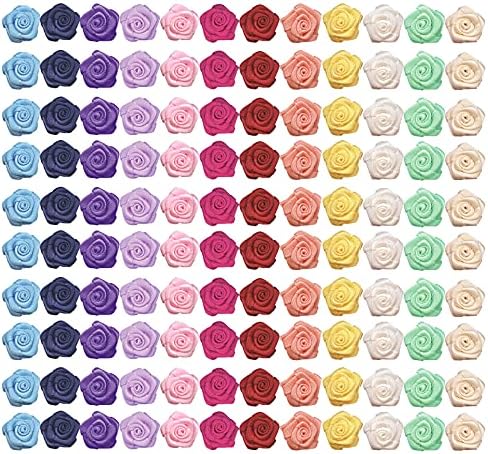 Mini Satin Ribbon Roses Mini Fabric Flowers for Crafts Multicolor Rose Ribbon Bows Small Rosettes Mini Flower Craft DIY Sewing Crafts Appliques for Wedding Bride Gift Wrapping Decoration 120 Pcs