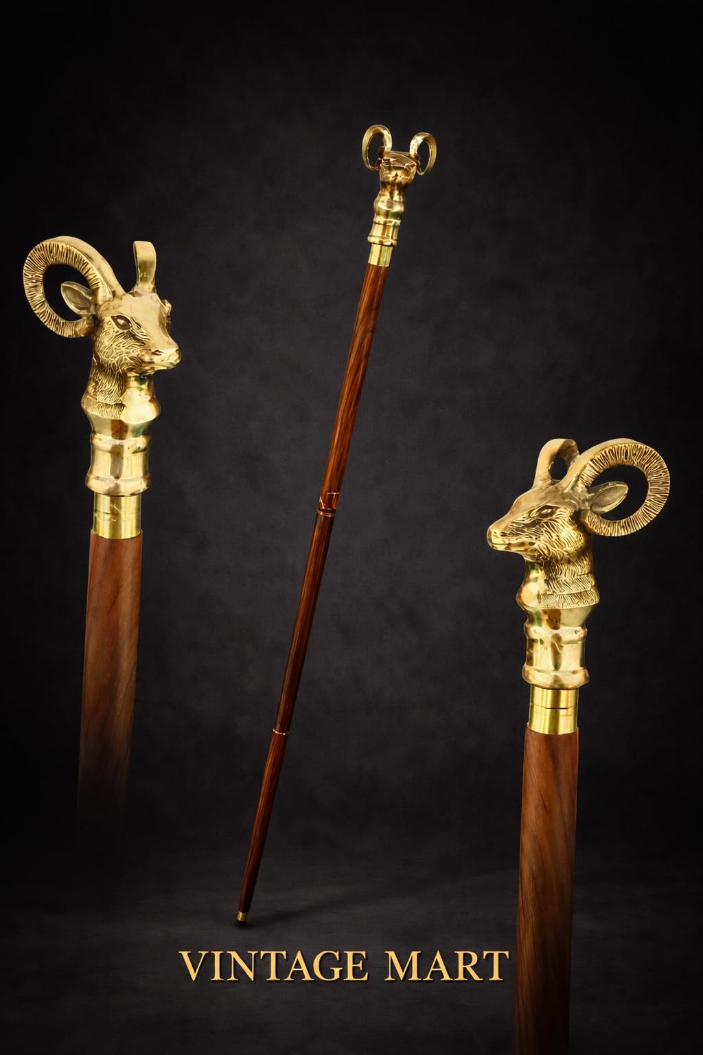 Luxury Ram Head Walking Stick, Handcrafted Wooden Cane with Brass Handle, Decorative Walking Aid-image-48