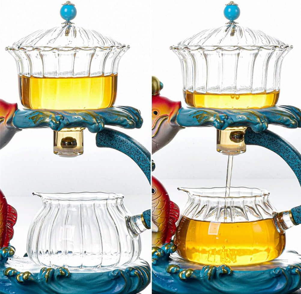 MOZEO Creative Fish Semi-automatic Tea Set with 6pcs Glass Lazy Kung Fu Teacups set Heat-resistant Tea Maker Pot Teapot (Fish Set)