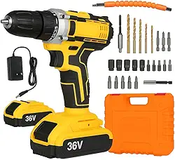 Furadeira Parafusadeira Sem Fio 36V com Maleta Completa, 2 Baterias Recarregáveis e Carregador Rápido, Amarela e Preta – Potência e Precisão Profissional