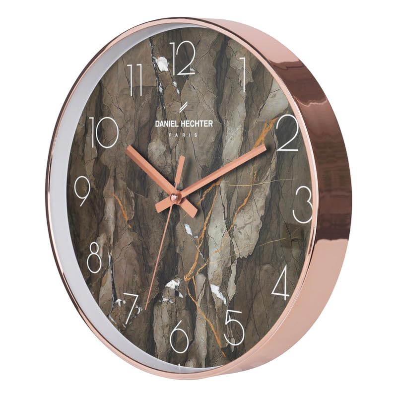 Image of Daniel Hechter Paris Moselle Collection Wall Clock, Silent Sweep Non-Ticking, 12 inch(30cm) HD Glass Brown Marble Dial, Rose Gold Plastic Frame, Modern Decorative Clock for Home & Office - DHCL1003