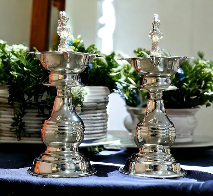 Sigaram German Silver 8 x 3.5 Inch Traditional Diya for Home Temple Pooja Diya K3135