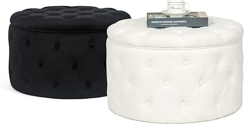 Miniatura 36 de Adeco Moderna silla otomana redonda de almacenamiento de 28 pulgadas, reposapiés otomano tapizado con botones con almacenamiento para sala de estar