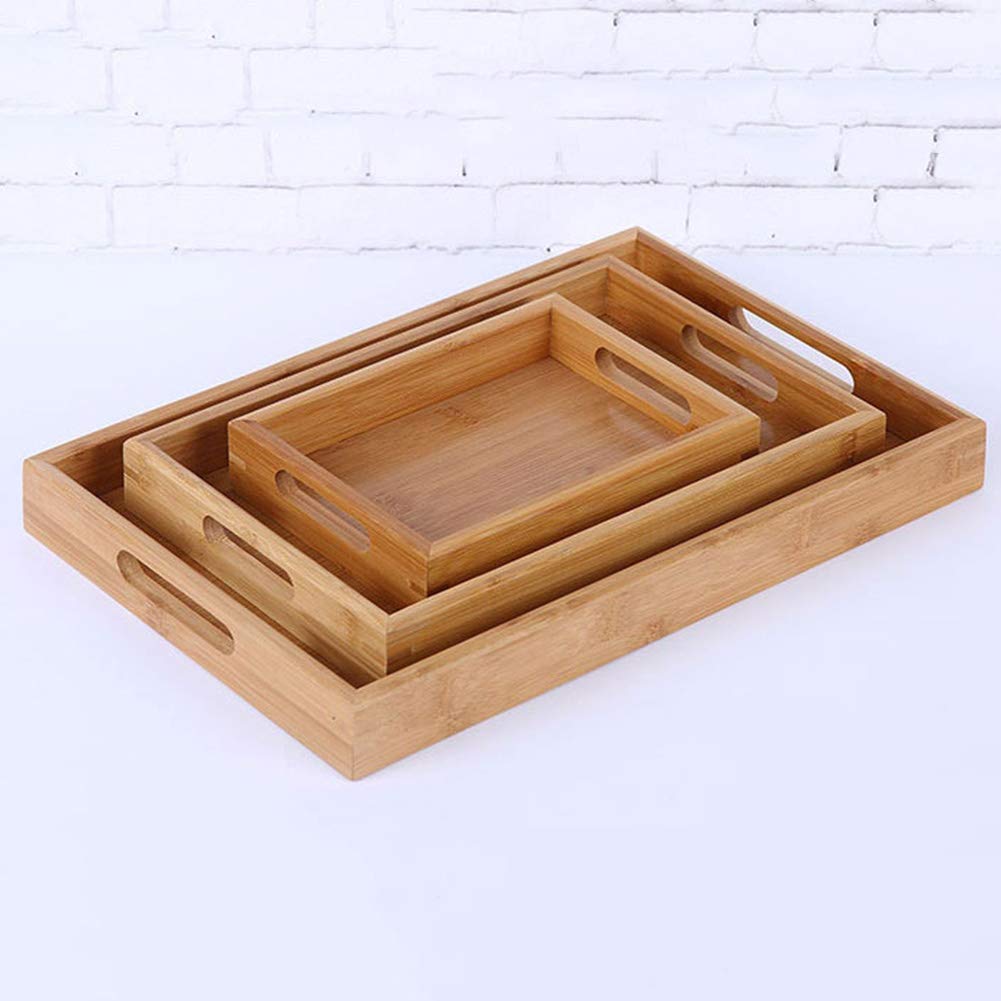 Plateau en bois - Plateau de service en bambou avec poignées pour petit déjeuner - Grand bois ottoman (38 x 25 x 4 cm)