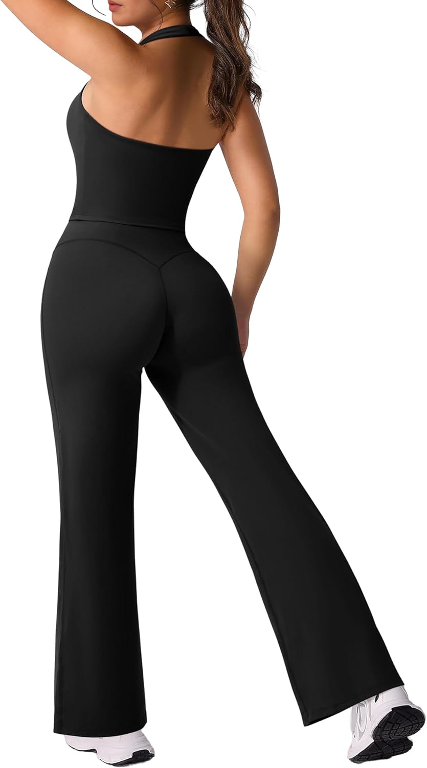 RXRXCOCO Halter Workout Sets for Women 2 Piece Padded Crop Tank Tops Straight Leg Yoga Pants Outfits with Hidden Pocket