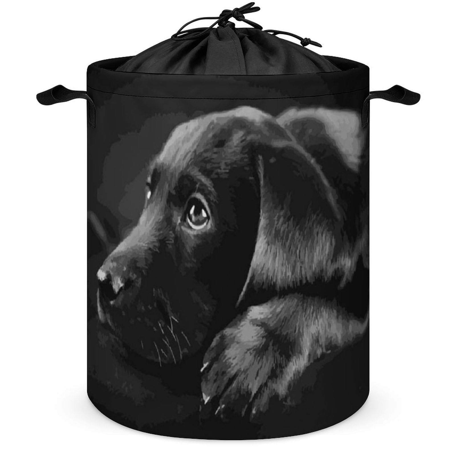 Qjjinxior Drawstring Laundry Hamper, Black Labrador Puppy Art Laundry Basket, Washing Basket with Handle