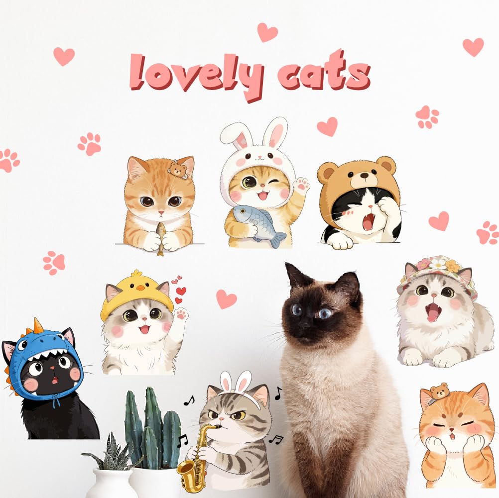SUPERDANT 2 Sheet Cat Wall Stickers Removable Cartoon Cat Wall Decals Peel and Stick Cats PVC Wallpaper Decor for Living Room Nursery Accent Wall Playroom Mural Colorful 96x69cm