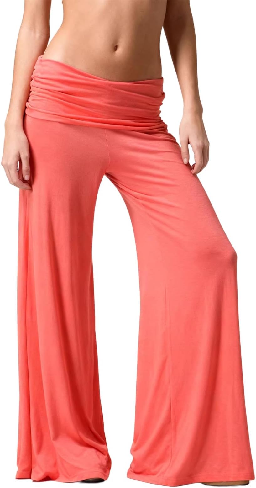Coral Fold Over Pants Trendy Wide Leg Strechy Loose Fit Lounge Pants with Ruched Waist Coral Fold Over Yoga Pants