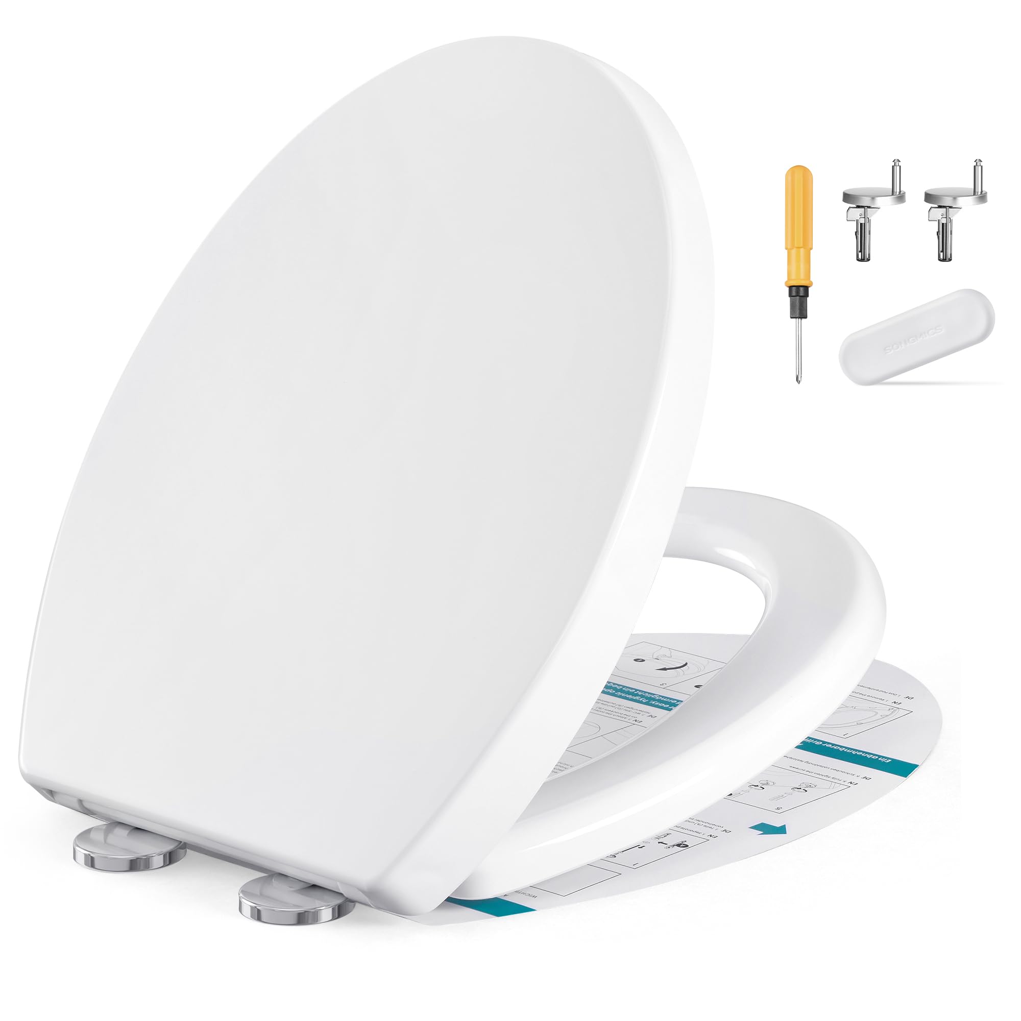 SONGMICS Toilettendeckel, O-Form, WC-Sitz mit Absenkautomatik, Griff, Toilettensitz abnehmbar, Klodeckel einfache Montage, WC-Deckel PP-Kunststoff, bis 300 kg belastbar, weiß BTL001WZ01