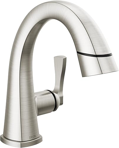 Delta Faucet Stryke Lumicoat - Grifo de baño extraíble, grifo de baño de níquel cepillado de un solo orificio con rociador extraíble, grifo de