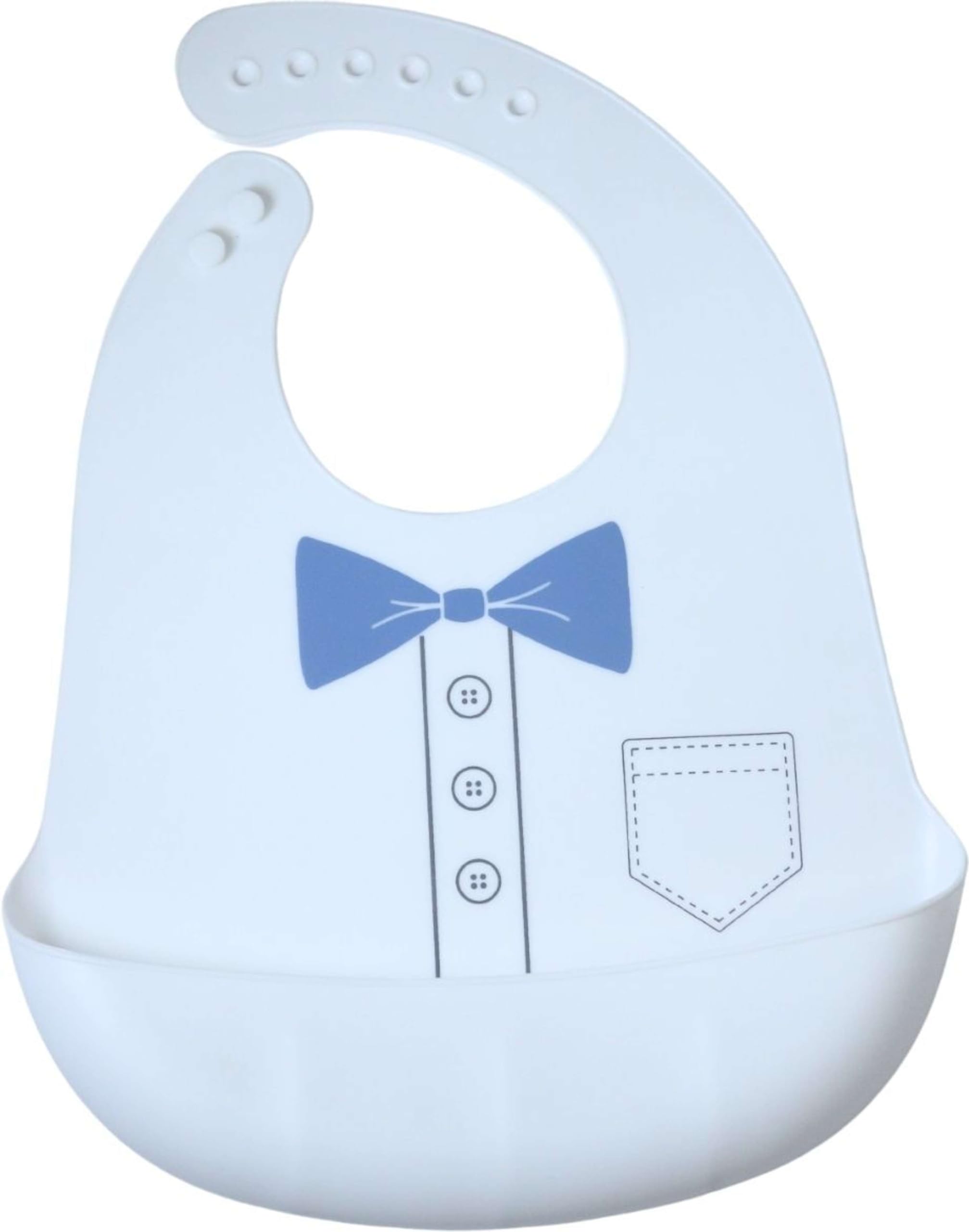 silicone baby bib with catch-all pocket, bow tie print, blue | adjustable snap closure, food catcher pocket, waterproof material, toddler feeding, easy to clean