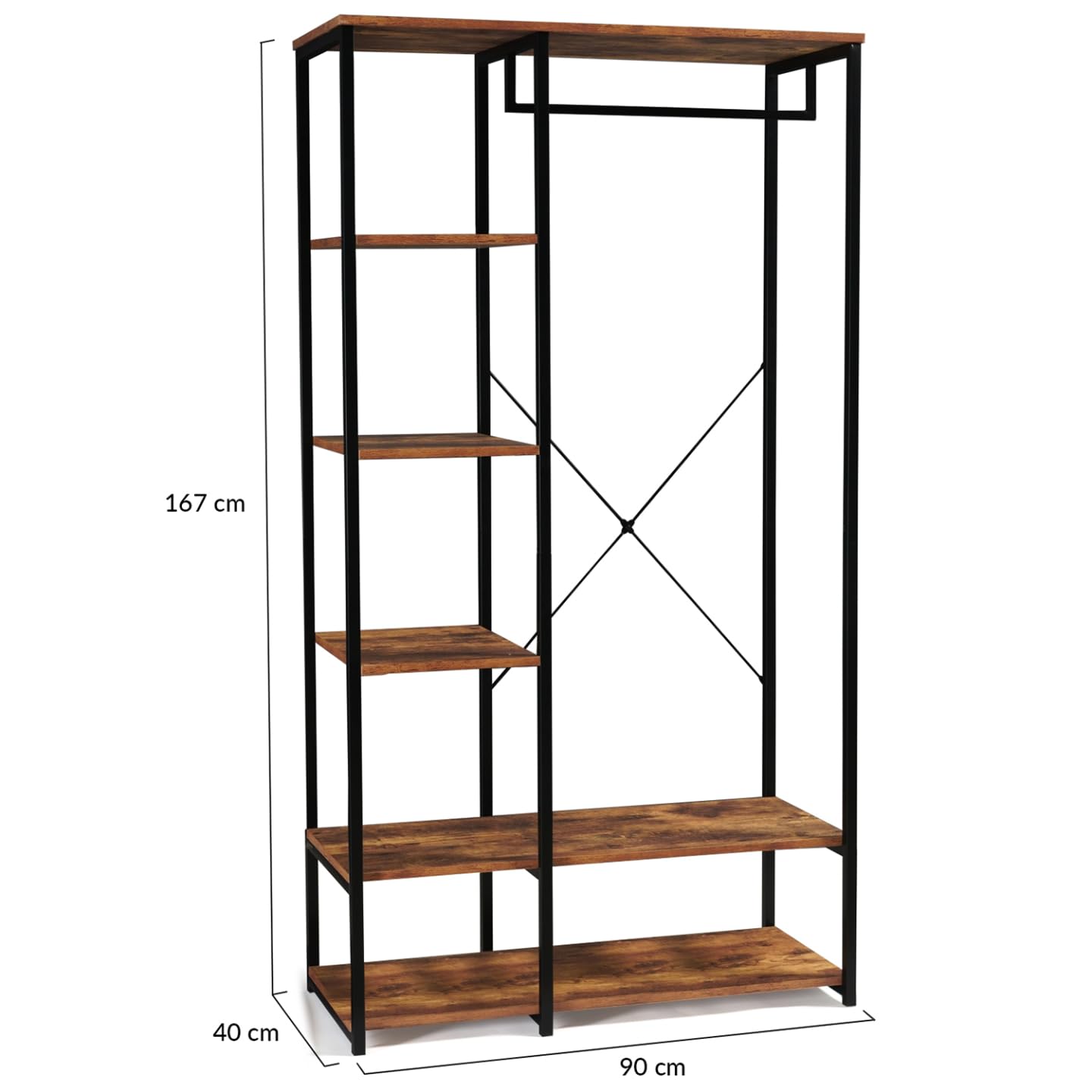 IDMarket - Vestidor armario estantes L. 90 cm HAWKINS madera oscura diseño industrial