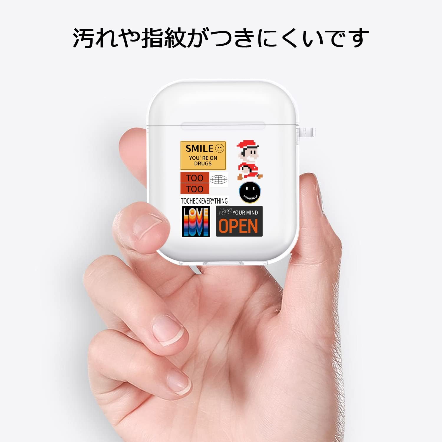 Airpods 第2世代 ケース 第1世代 おしゃれ かわいい 韓国 おもしろ ステッカー ラベルタイプ ロゴ 面白い クリア 人気 御洒落 可愛い Tpu エアーポッズ カラビナ付き 紛失防止 落下防止 耐衝撃 保護カバー ワイヤレス充電対応 Airpod 第二世代と第一世代に適用 Sale 37
