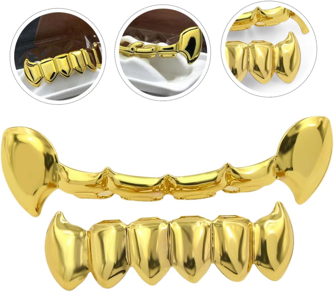 LIFKOME Hip Hop Gold Teeth Grill Set, Shiny Fake Teeth Caps for Men, Punk Party Prop, Halloween Cosplay Accessory, Smooth Surface Dental Jewelry for Rappers