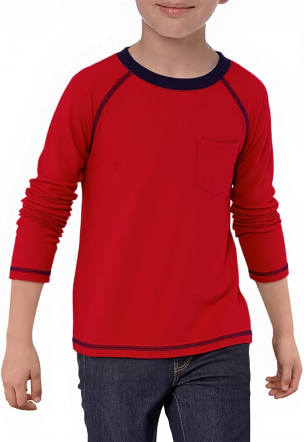 Haloumoning Boys Shirts Kids Long Sleeve Crewneck T Shirts Casual Fall Tops Tees with Chest Pocket 5-14 Years
