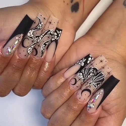 24 uñas postizas a presión con punta francesa, uñas postizas largas tipo ataúd, serpiente, patrones de polilla y estrella, luna, diseño de diamantes