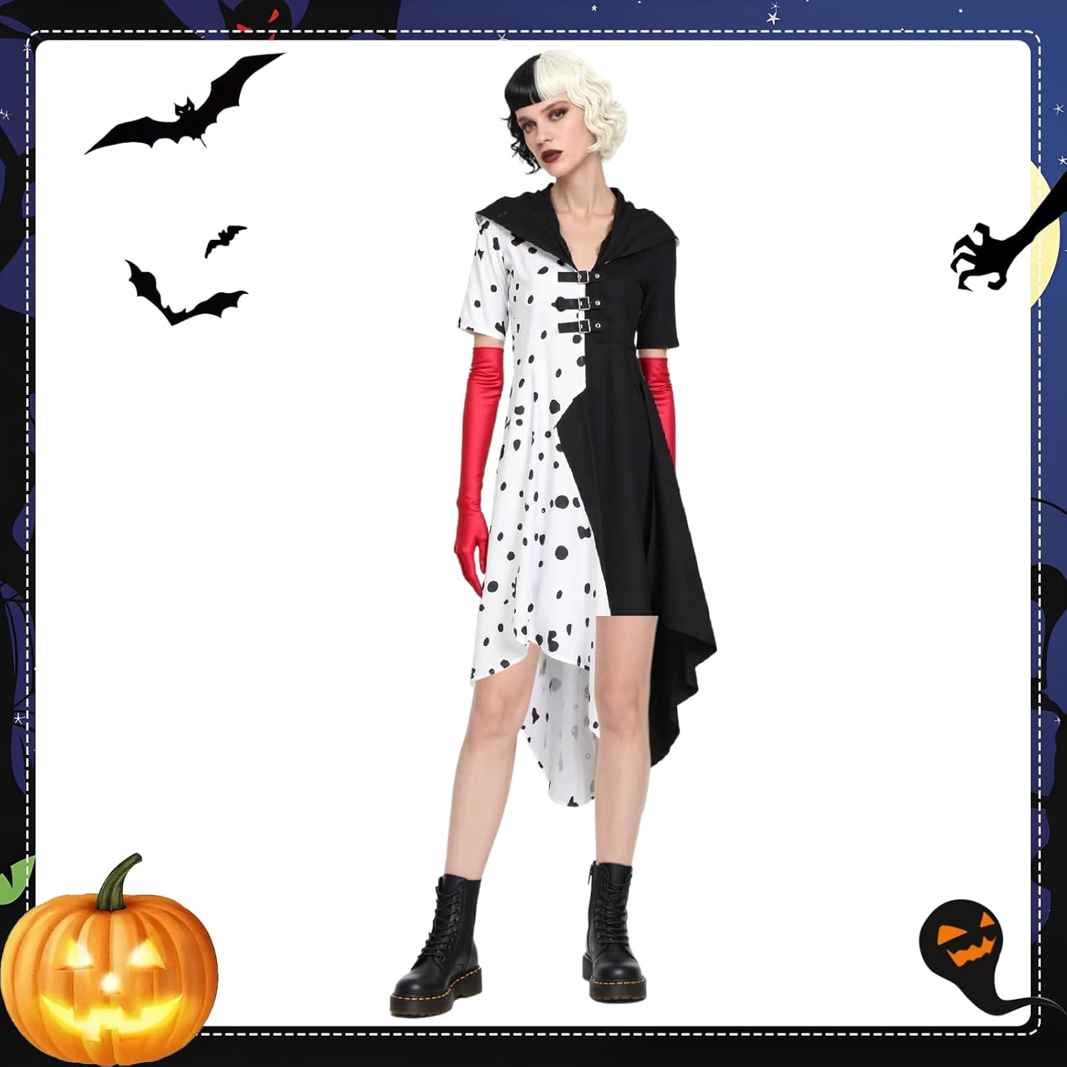 6 Pack Black White Dalmatian Dress Suit, Women Halloween Dalmatian Costume with Glove for Women - Image 2