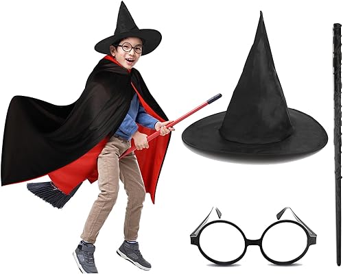 Miniatura 6 de Anzmtosn Disfraz unisex de mago para niños, capa de bruja con sombrero de varita para niños, niñas, niños pequeños
