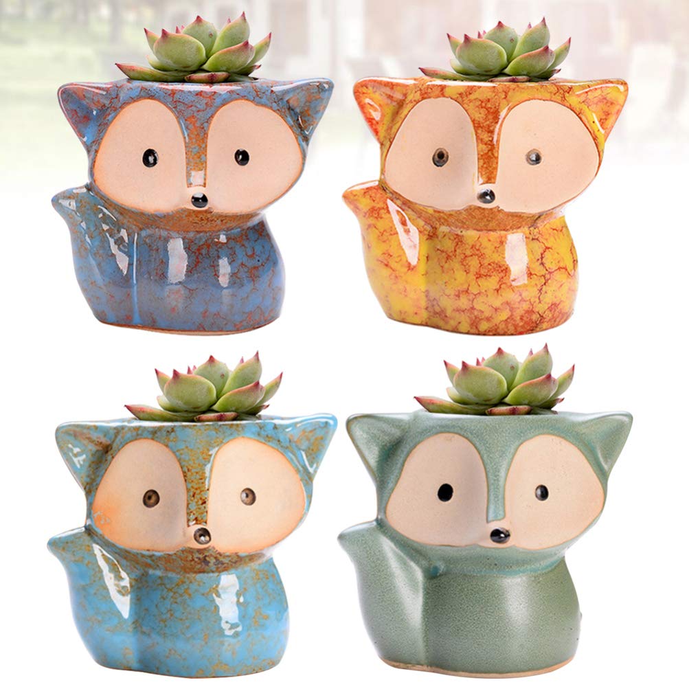 Pentole for piante in vaso succulente da giardino, 4 pezzi di volpe succulente in stile animale in ceramica in ceramica Mini bonsai Contenitore di piante for la decorazione della scrivania della casa