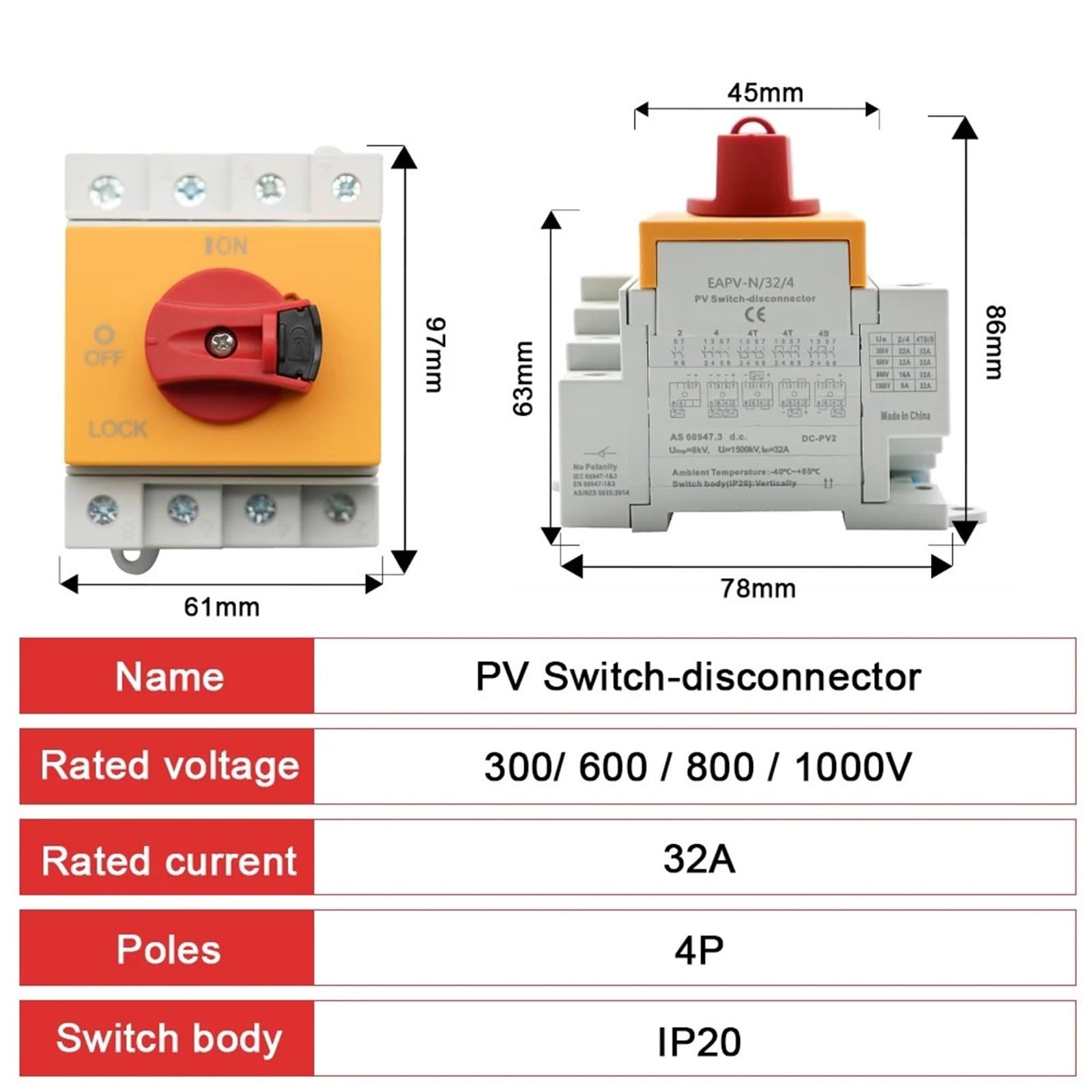 Su guida Din solare fotovoltaico DC 4P 32A 1000V maniglia rotante isolatore sezionatore rotativo for scatola di distribuzione solare 1 pz(EAPV-N324-W)