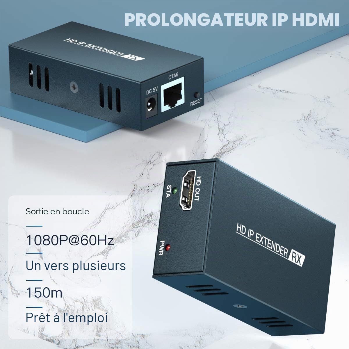 PWAYTEK HDMI Extender sur IP, portée 150m par câble Cat5e/Cat6/Cat7/Cat8, Compatible Boucle Locale et Transmission Un vers Plusieurs avec commutateur réseau(Bleu)