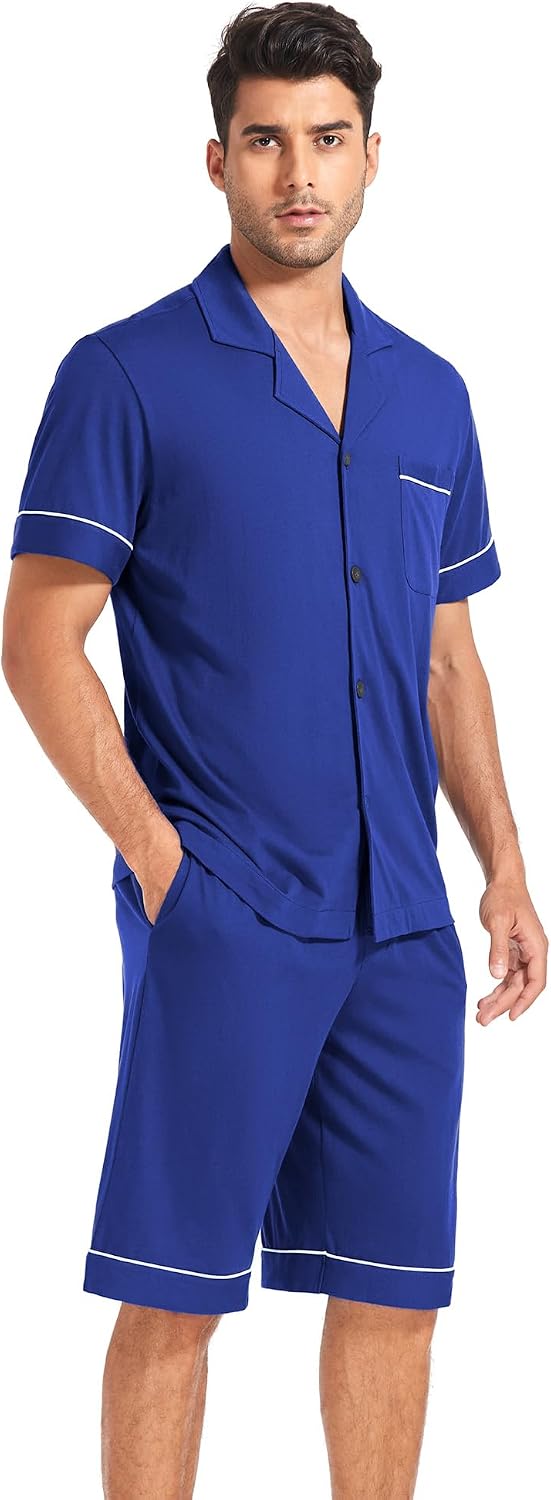 COLORFULLEAF Men's 100% Cotton Short Sleeve Pajama Sets Button Down Notched Collar Sleepwear Soft Lounge Pjs with Pockets