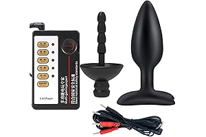 Electric Shock Silicone Anal Plug with Expanded Base and Wearable Pull-Bead Urethral Plug