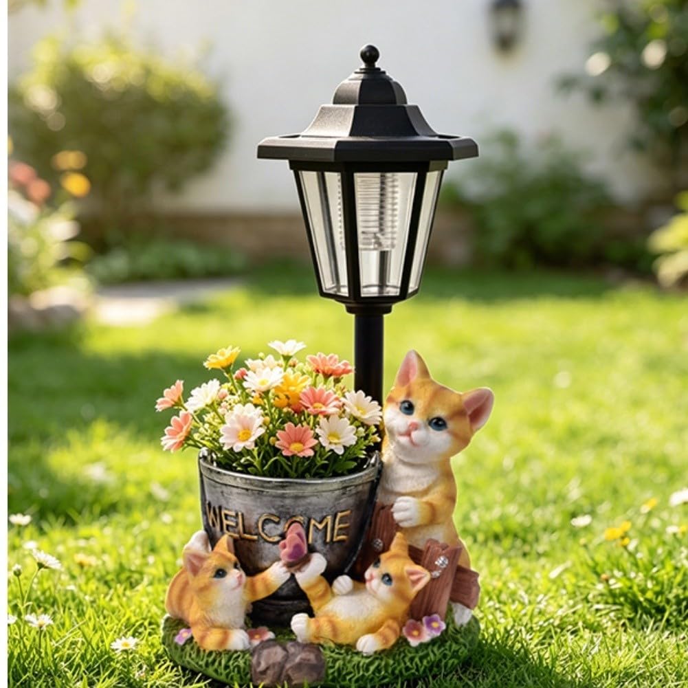 Lampada solare in resina a forma di gatto, 32 cm, crepuscolo automatico