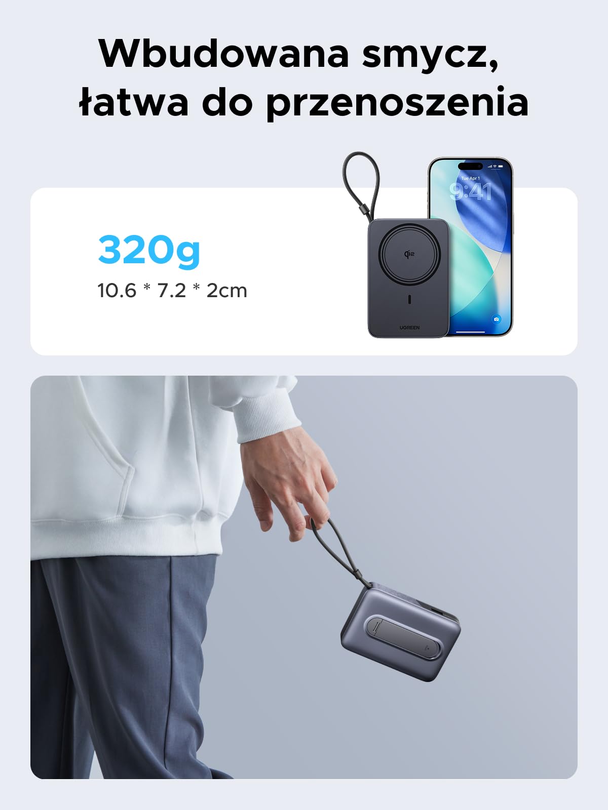 UGREEN Zapix 10000mAh Qi2 15W Magnetyczny Powerbank z USB-C 30W | Certyfikat Qi2, Zintegrowany Kabel, iPhone 17–12, Składana Podstawka, Idealny do podróży i dojazdów do pracy