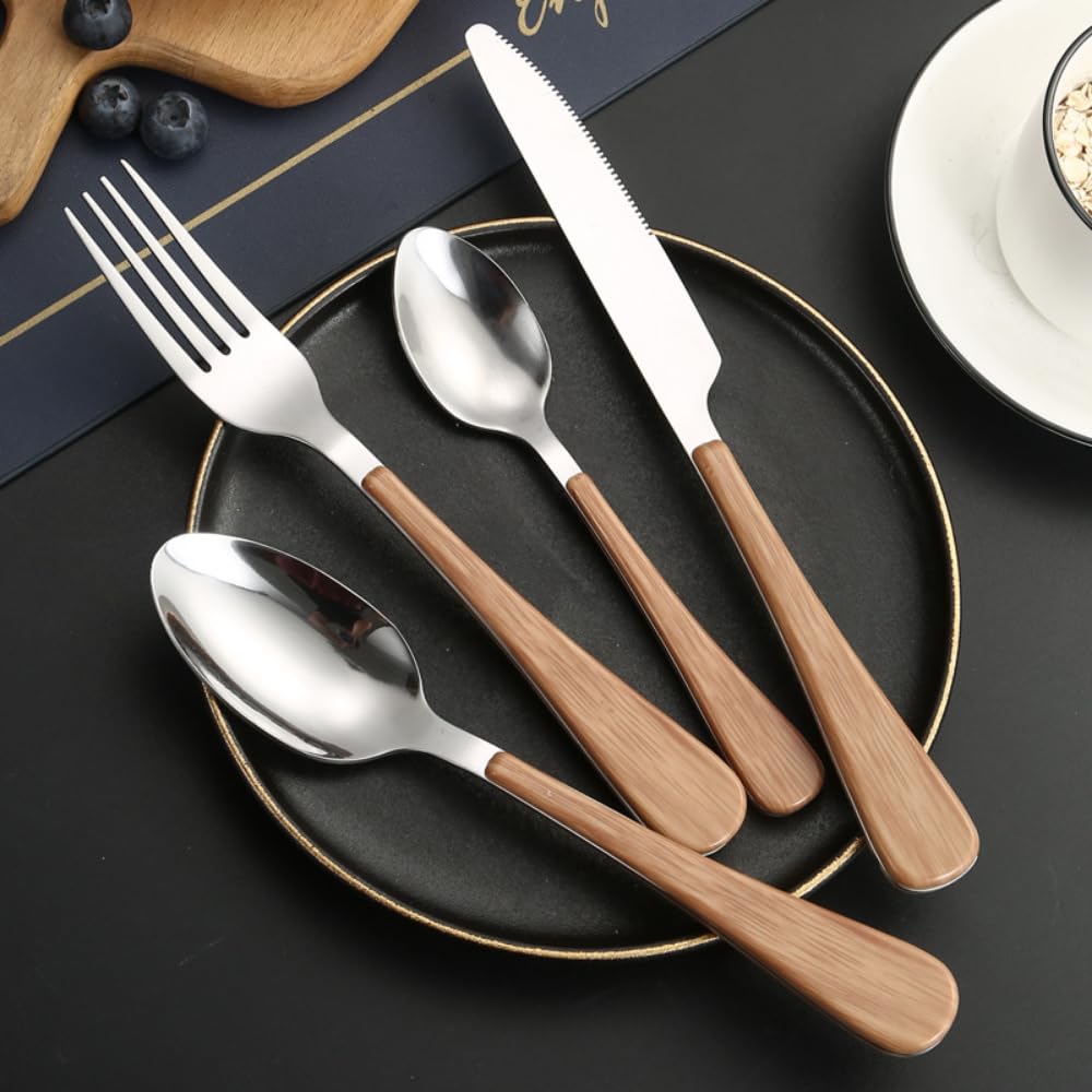 16 Piezas De Madera Sintética Con Mango Plano Para Cocina, Acero Inoxidable, Cubiertos, Vajilla, Cubiertos, Cuchillos, Tenedores, Cucharas, Juego Para 4 Personas, Hotel, Hogar, Cuchillo De Carne