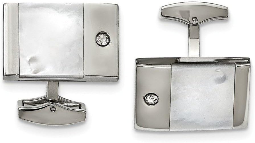 Stainless Steel Mother of Pearl CZ Round Cuff Links