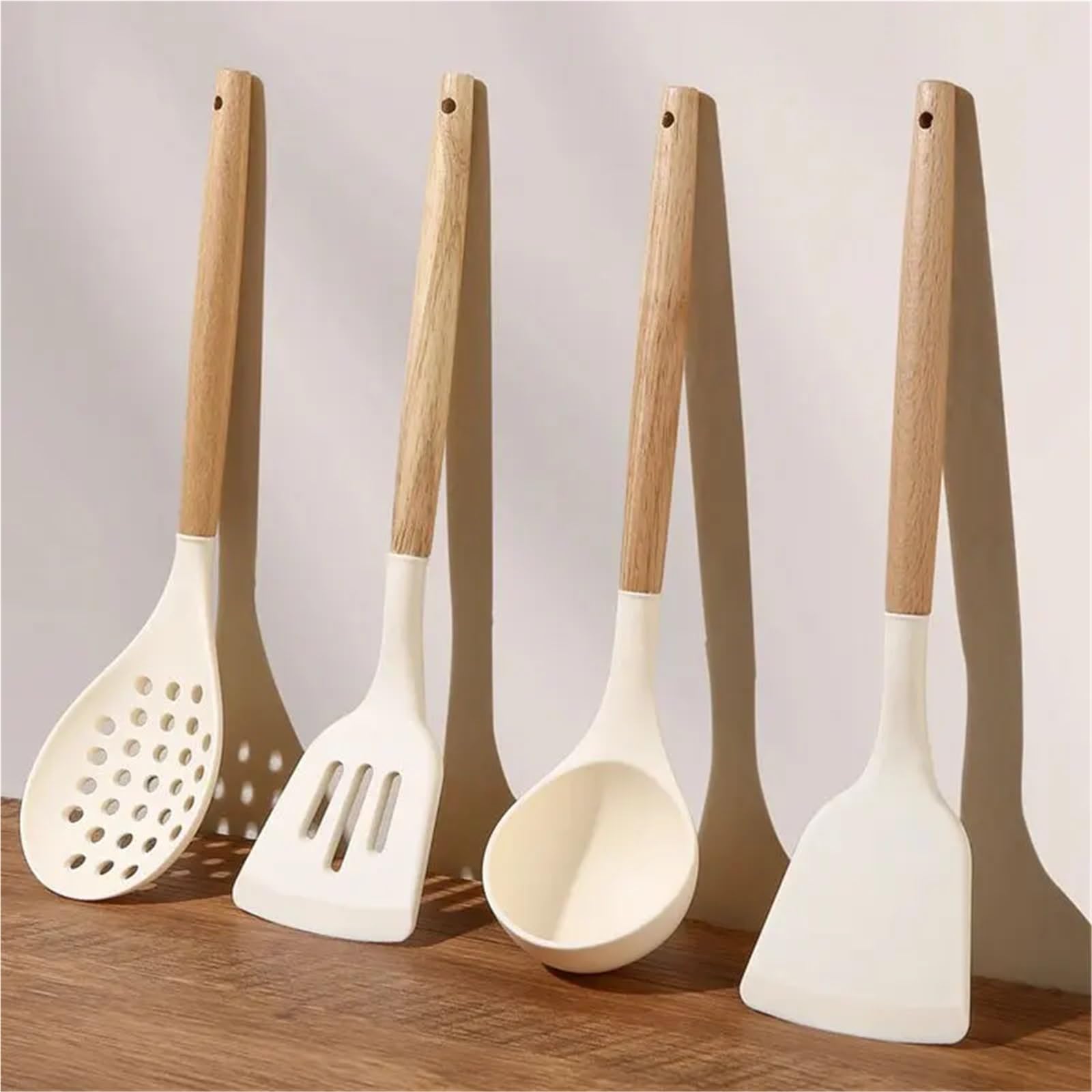 Manico in legno da 8 pezzi, padella antiaderente bianca, spatola in silicone, resistente alle alte temperature, cucchiaio zuppa, set di utensili cucina Per Cucinare