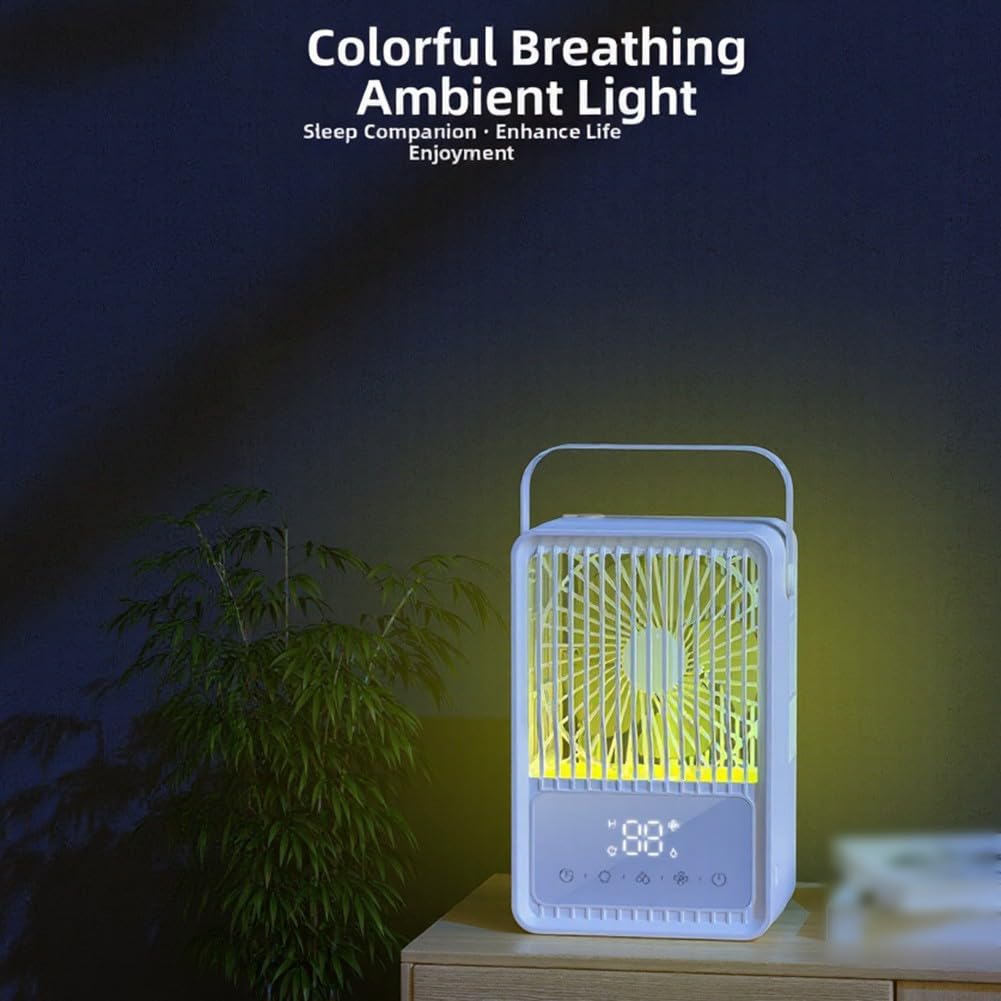 Ventilatore nebulizzatore silenzioso ricaricabile con serbatoio dell'acqua da 600 ml, raffreddamento dell'aria 4 in 1 con LED a 7 colori, timer 8 H, ventola di raffreddamento portatile USB-C, per
