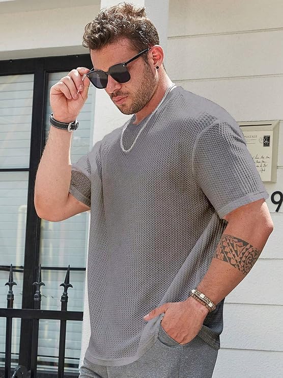Image of Men Solid Waffle Round Neck Oversized /Dropshoulder |Baggy| Summer T Shirt for Ment Shirt