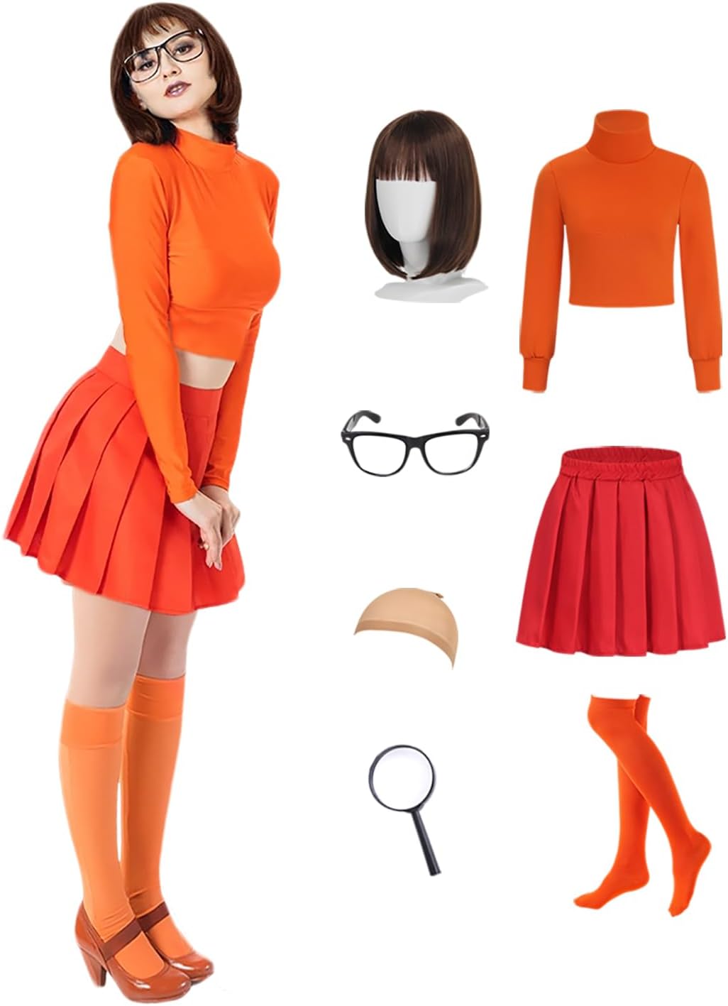 Velma Costume Adult Orange Long Sleeve Crop Top Red Skirt Women Halloween Costumes Cosplay Outfit with Accessories Orange Crop Top and Red Pleated Skirt Small