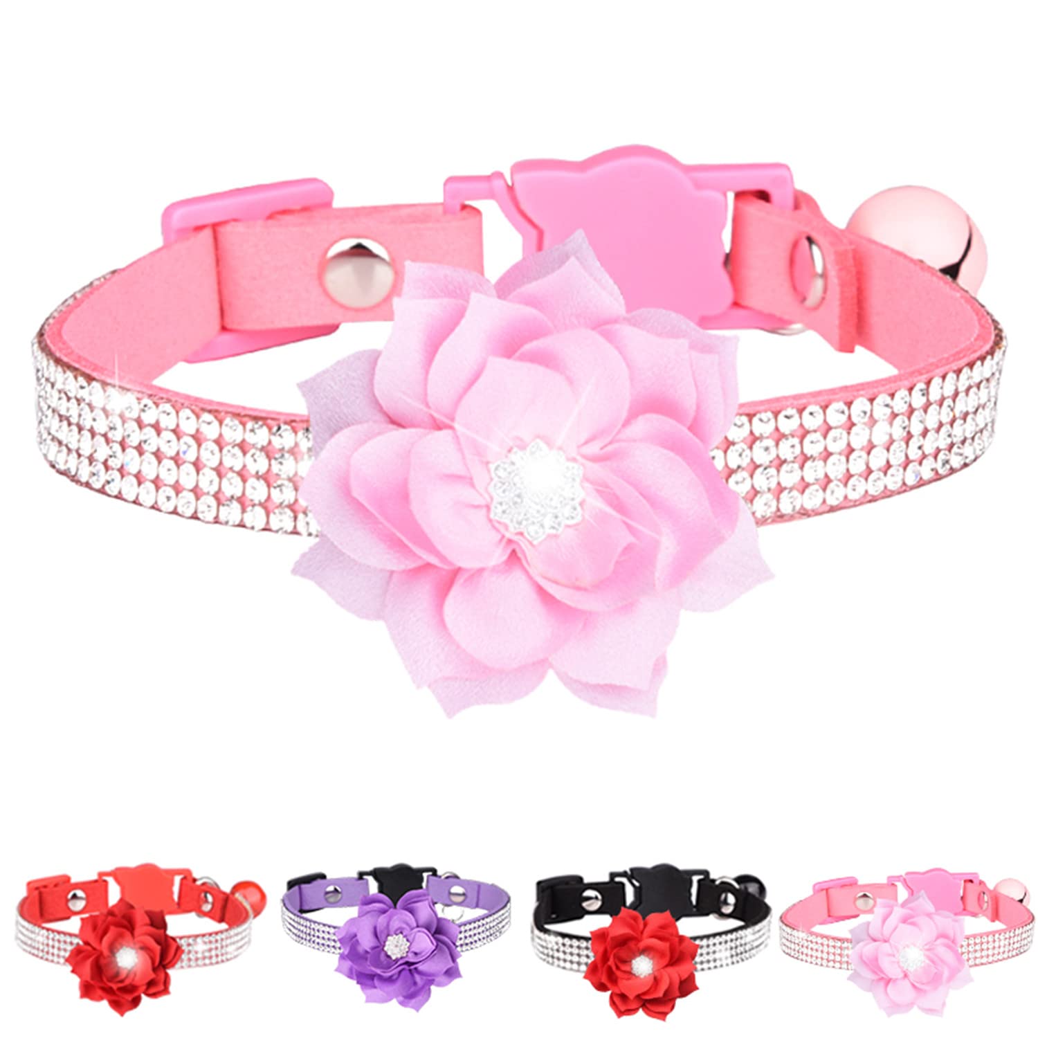 THAIN Rhinestone bling kitten cat collar breakaway diamond with bell and floral decoration velvet quick release (S, Pink)