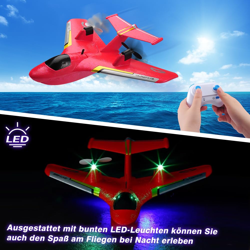 Fremego RC Flugzeug für Wasser, Land und Luft,2.4GHz Glider Ferngesteuertes Flugzeug mit 2 Batterien und Licht,2CH Kampfflugzeug Modell Spielzeug für Kinder Anfänger (Rot)