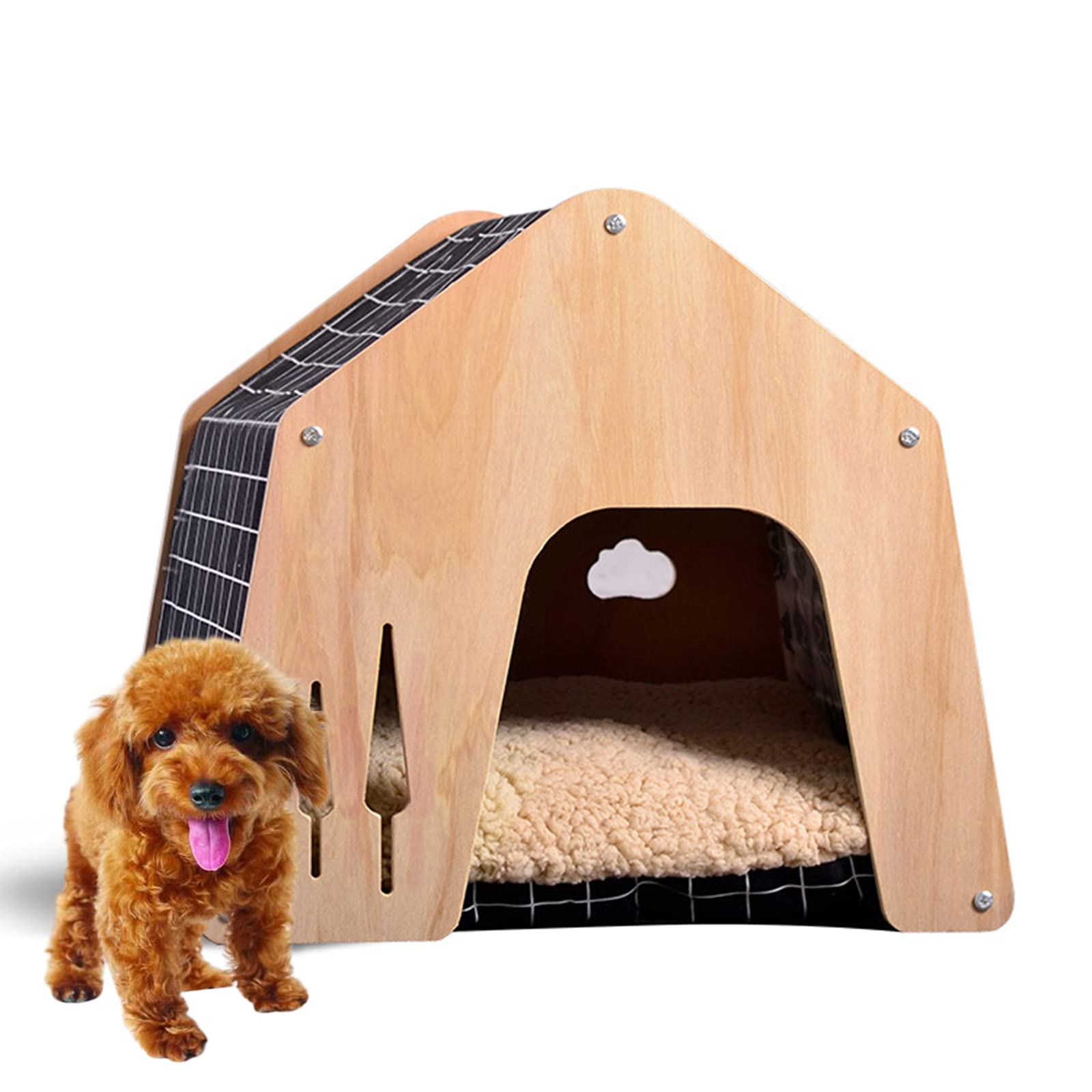 PPGE Home Caseta de Perro Pequeño, Casa Perro Madera Interior, Cama Perro, Cama Cueva Perro, Casetas para Perros, Casa para Gatos con Cojín Removibles, para Perros Pequeños, para Interiores
