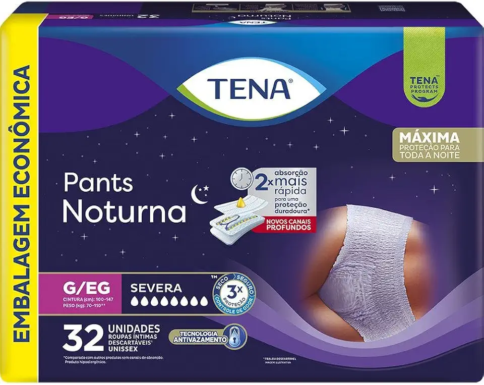 Tena Pants Noturna, Roupa Íntima para Incontinência Urinária, G/EG - Embalagem econômica, 32 unidades