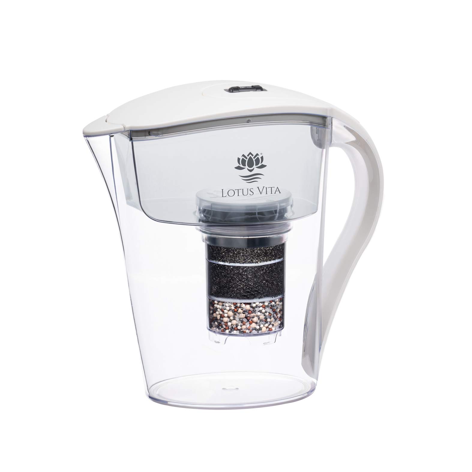 Lotus Vita FAMILY weiß - Wasser Filterkanne mit Kartusche, Reduziert Kalk Chlor Blei aus Leitungswasser durch Aktivkohle Ionentauscher, BPA-frei