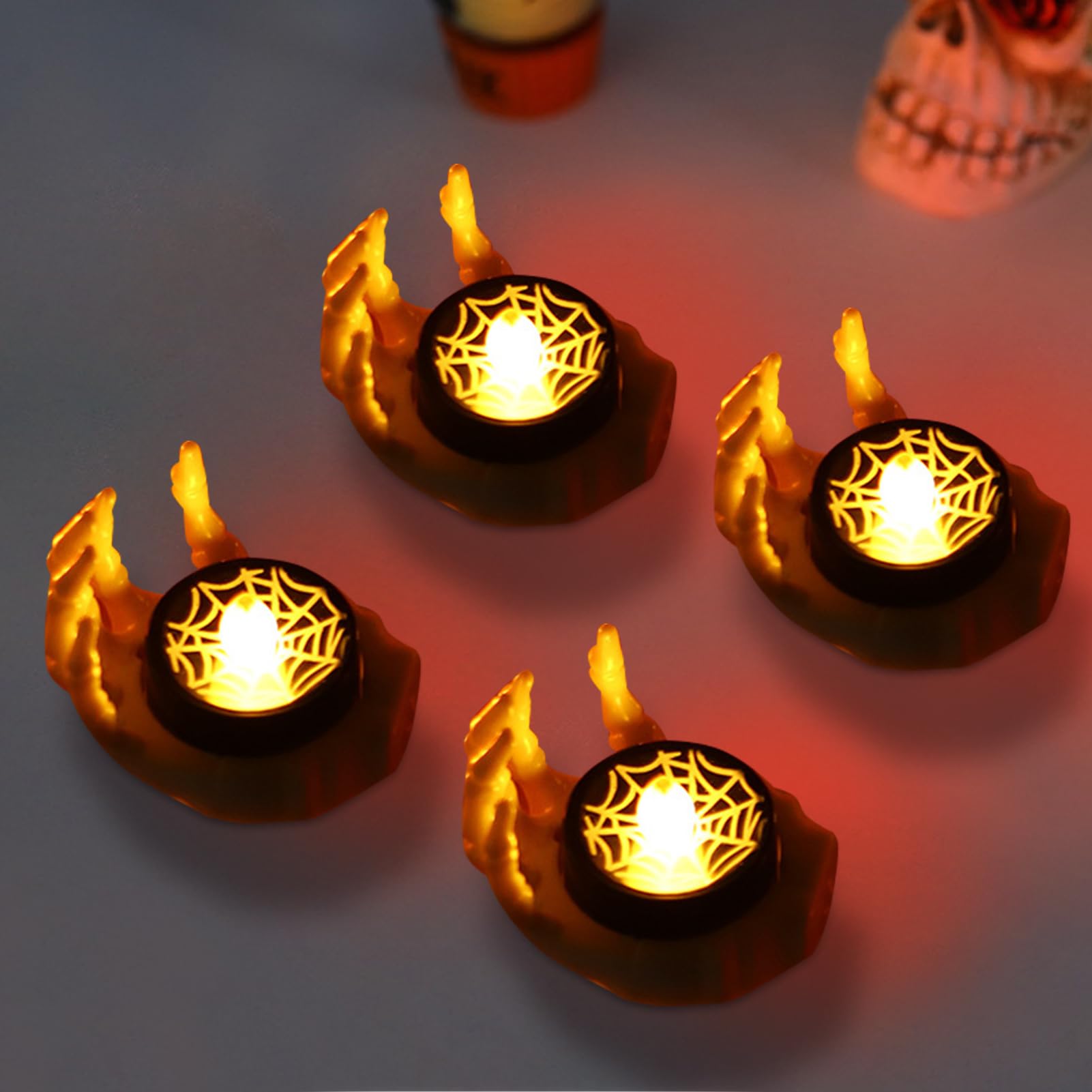 Halloween Skeleton Hand Light Tea Light, Pack of 2 Hand Lamp Skeleton Candle Light, Flameless Candle Lights, Battery Operated, Scary Hand Bone Candle for Halloween Decoration (4 Pieces, White)