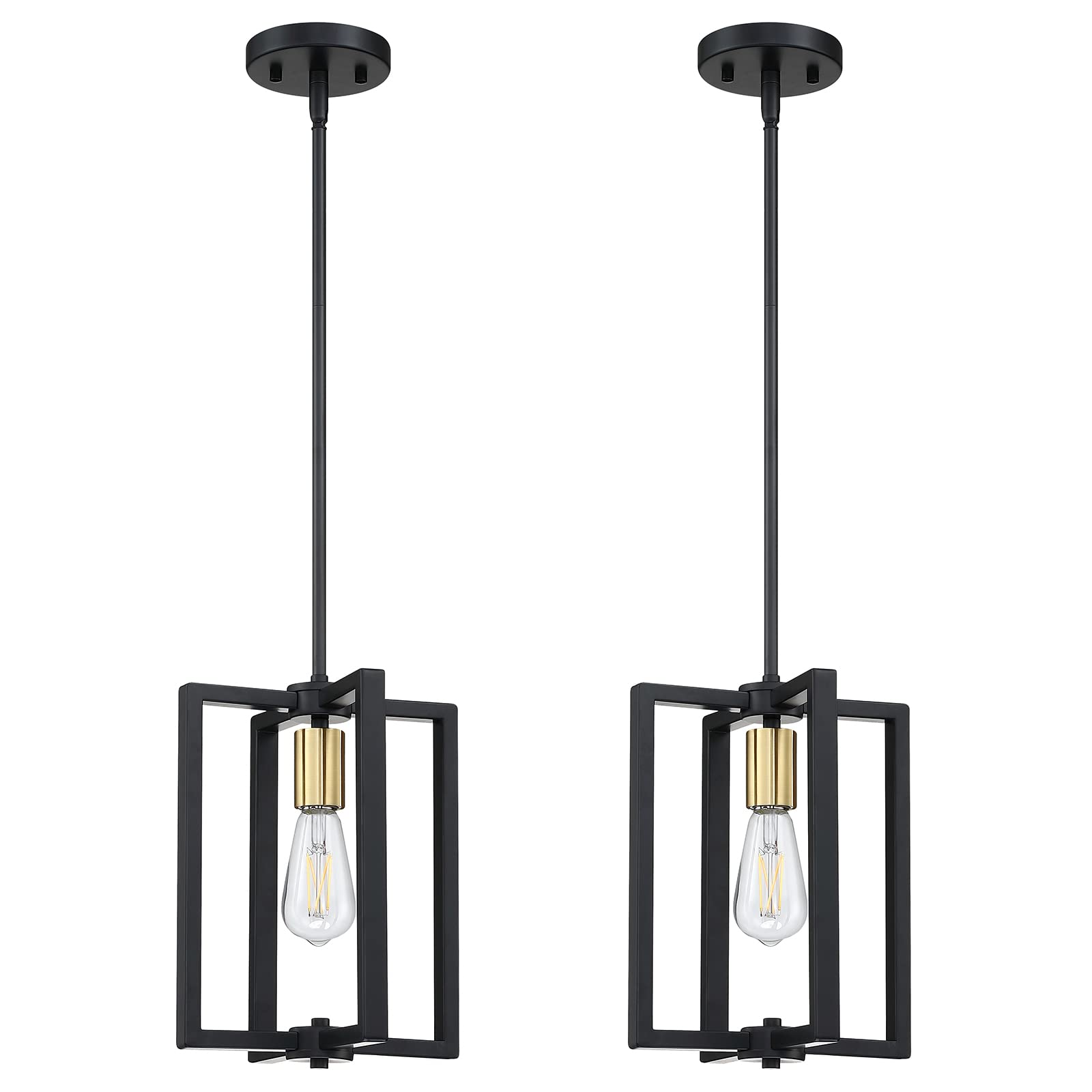 Dolaimy House 2 Pack 1-Light Farmhouse Rustic Vintage Gold Hanging Pendant Industrial Kitchen Island Semi Flush Mount Ceiling Light Black Finish Fixture for Dining Room Hallway Entryway Bedroom