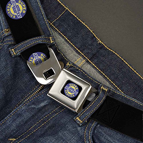 Image of Buckle-Down Seatbelt Belt - CHEVROLET SUPER SERVICE Logo Black /Blue /Yellow /White